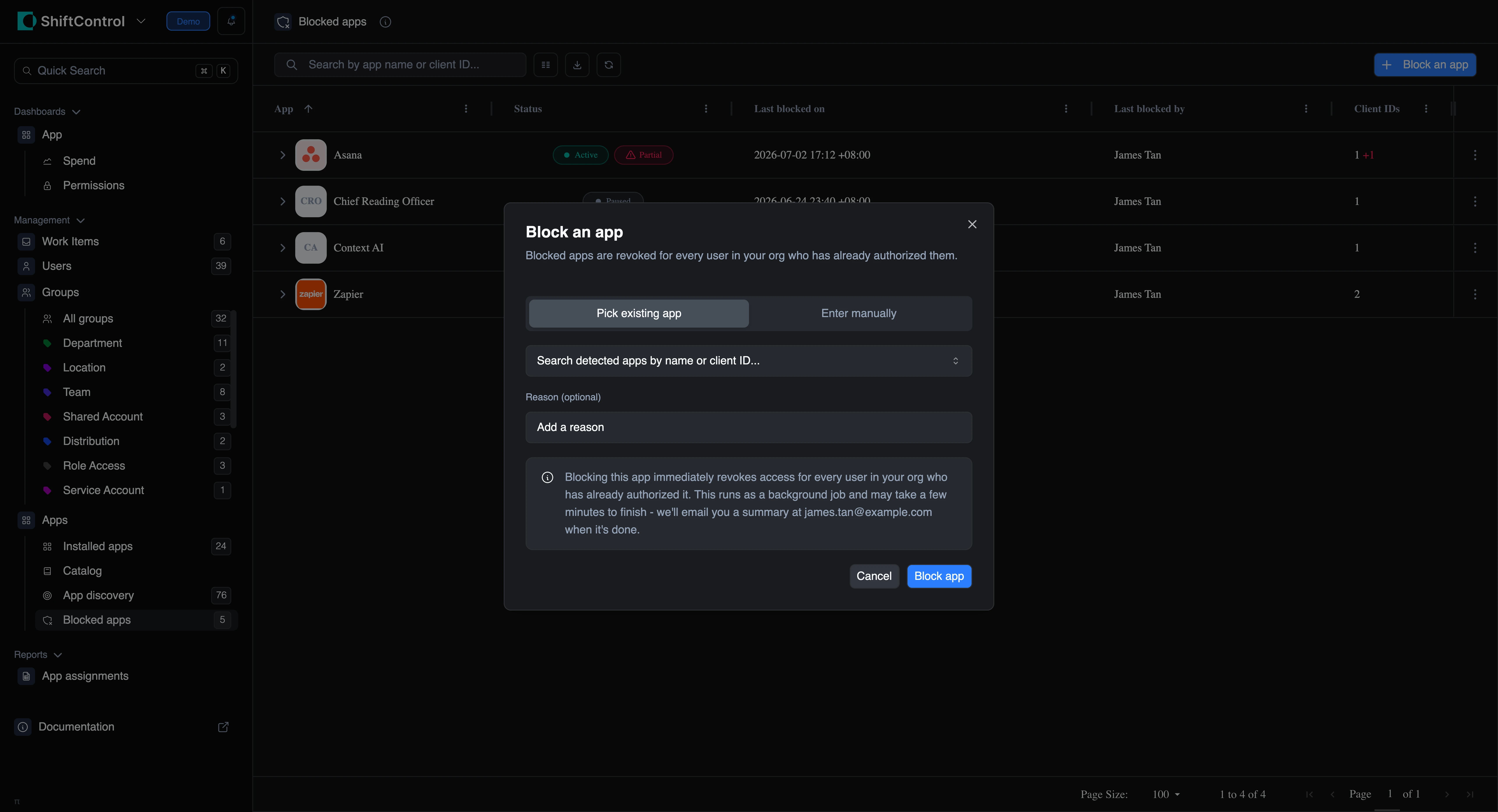 The Block an app dialog, with tabs to pick a detected app or enter a client ID manually, plus an optional reason field