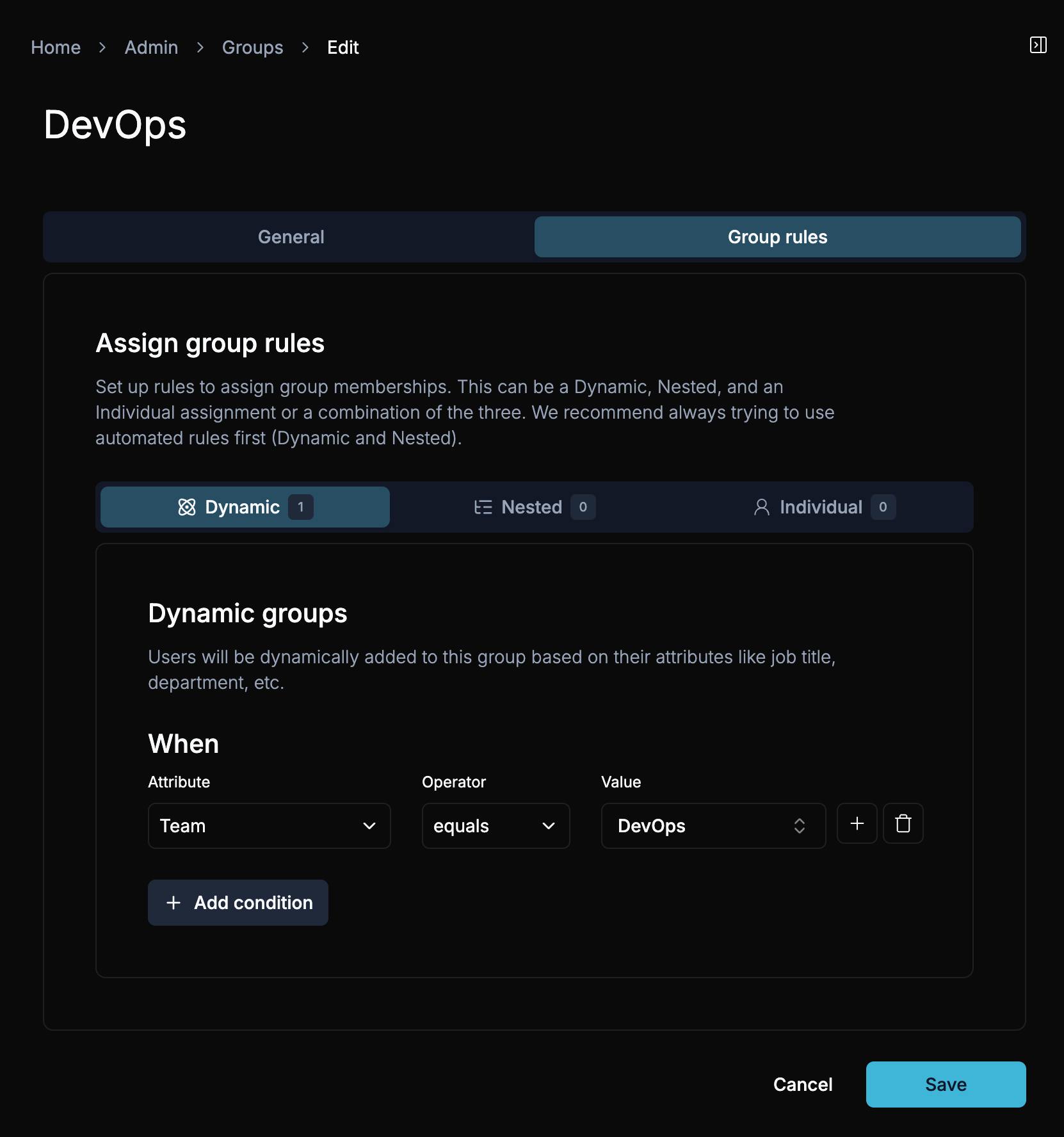 Dynamic group rule using Team
