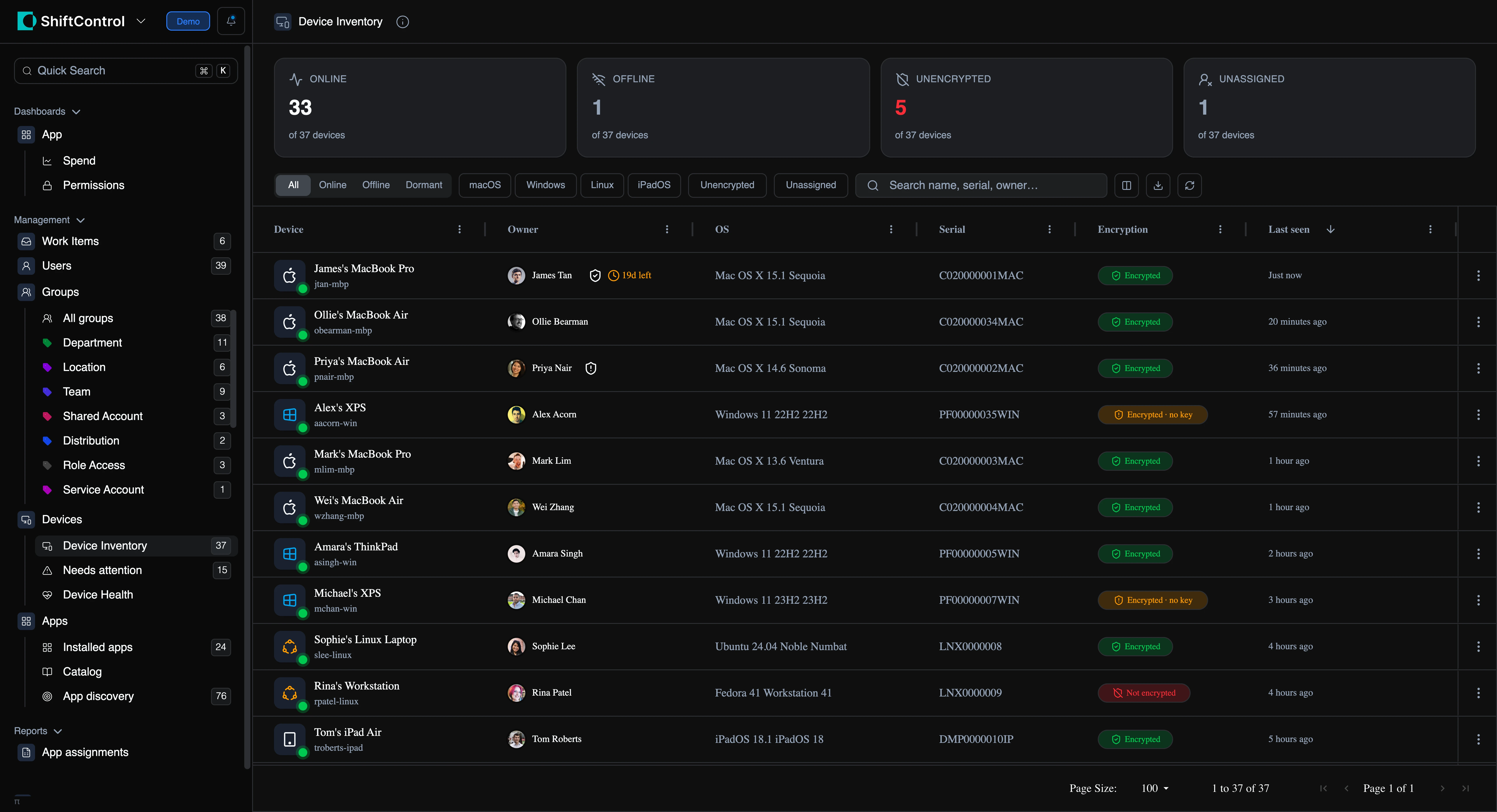 JumpCloud device inventory in ShiftControl