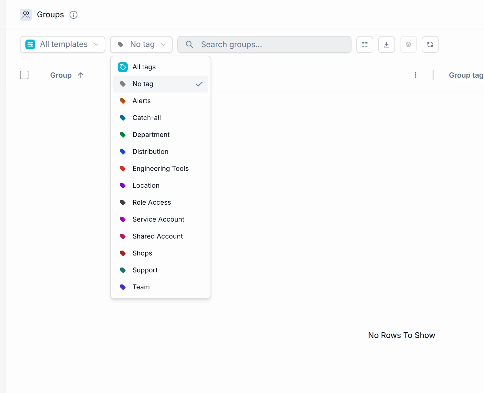 The Groups page filtered to show groups with no tag