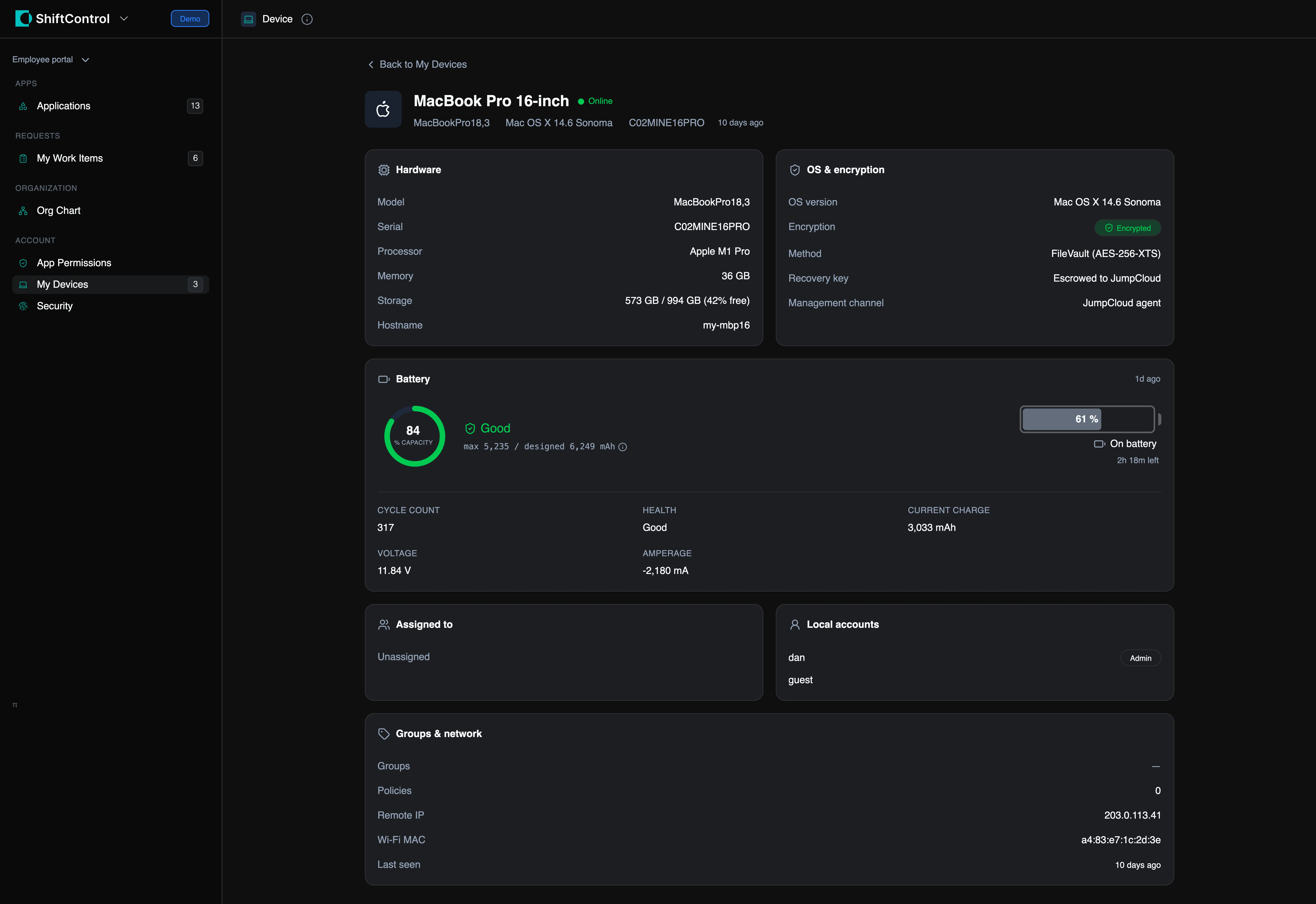 Device detail in the employee portal