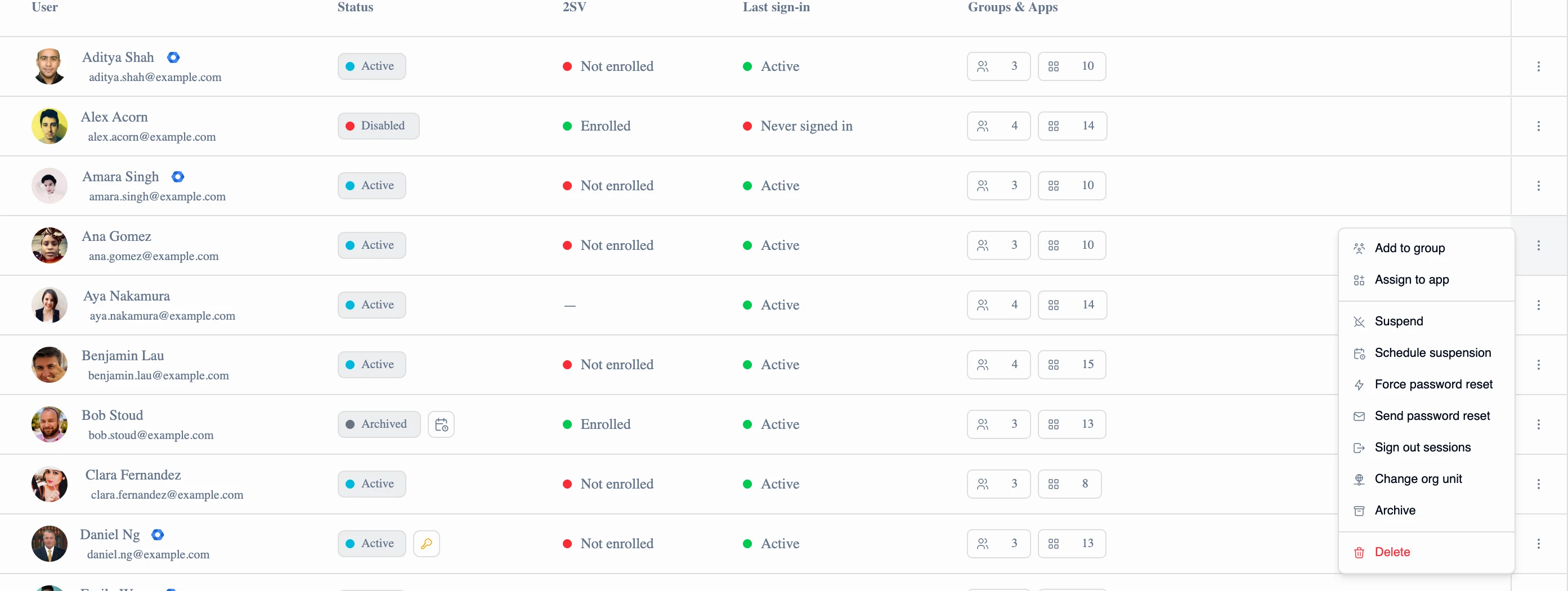 A user row menu on Manage Users, with Add to group and Assign to app at the top