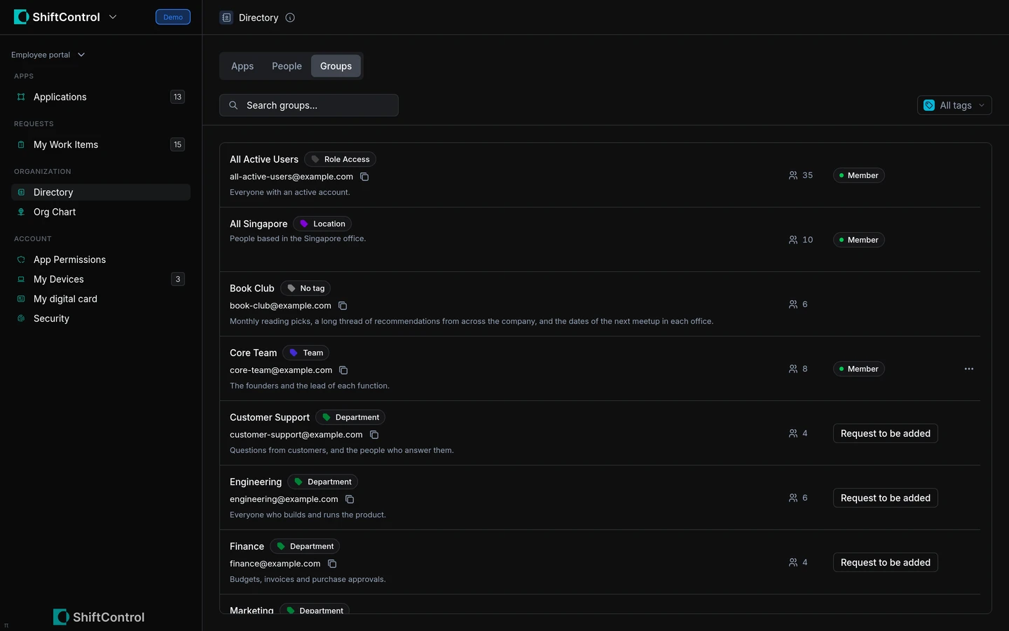 Directory Groups tab with group tags and members