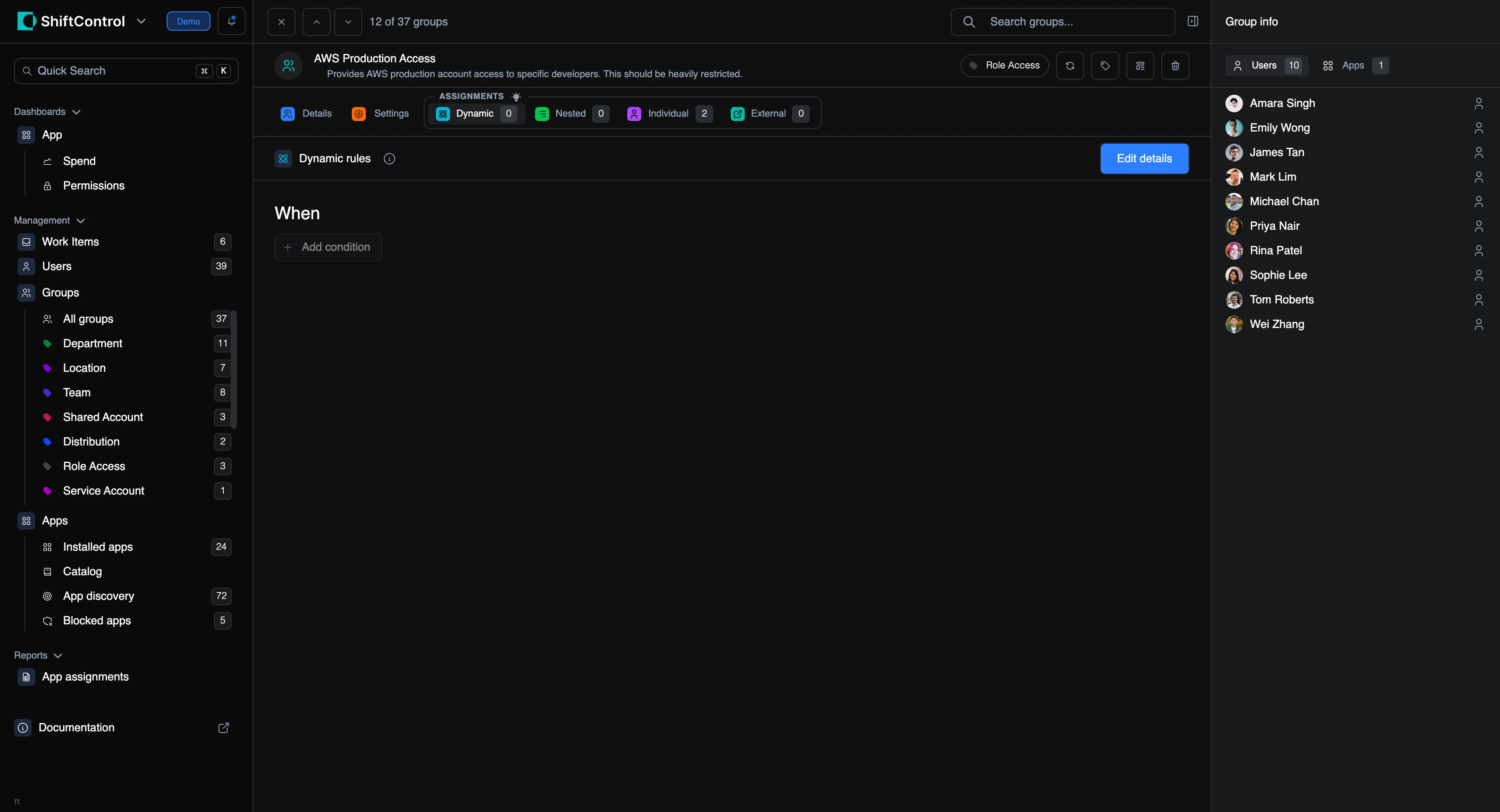 A group’s Assignments rail, with Dynamic, Nested, Individual and External tabs and their counts