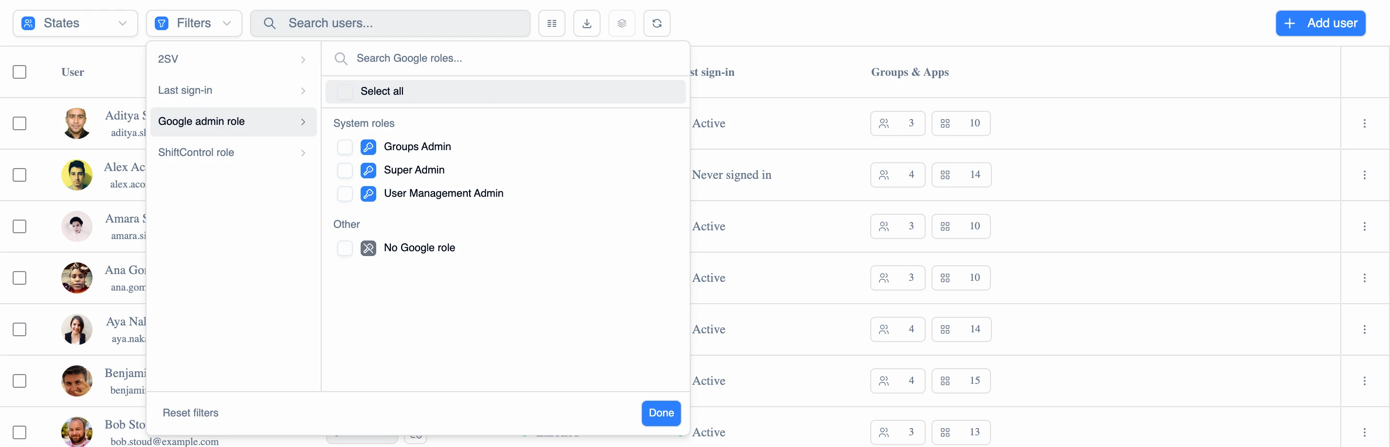 The Manage Users toolbar with the Filters panel open on Google admin role, listing Groups Admin, Super Admin and User Management Admin