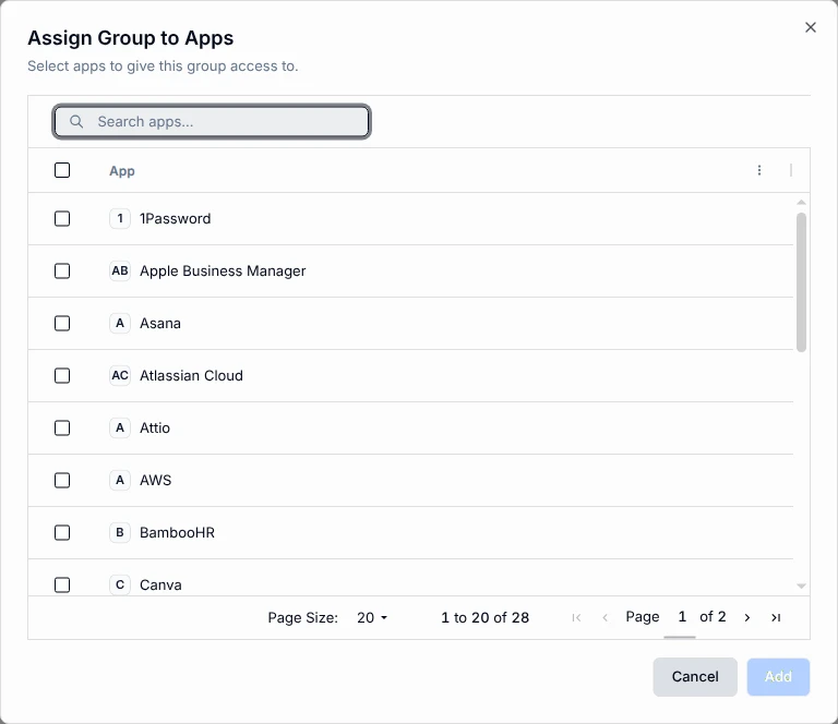 Assign Group to Apps dialog listing apps to select