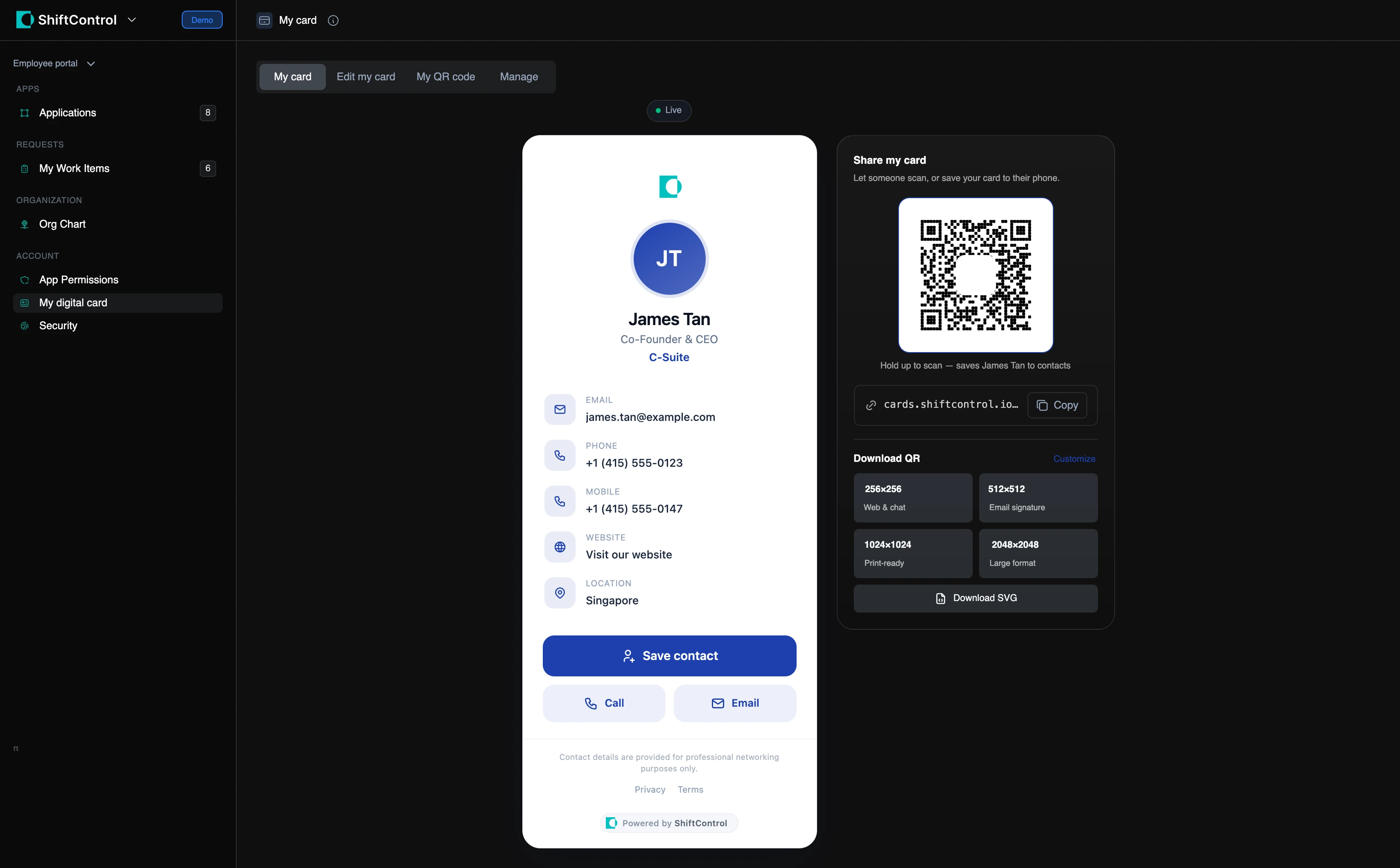 An employee’s card in the portal, live, with a QR code, a shareable link and downloads at four sizes
