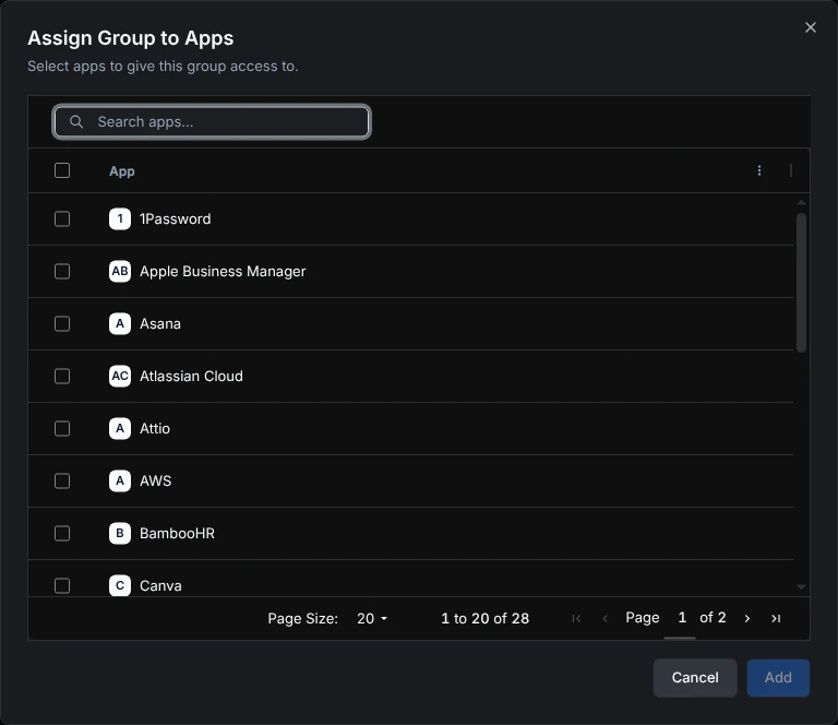Assign Group to Apps dialog listing apps to select