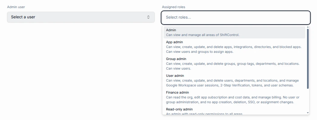 The Assigned roles list with App admin, Group admin and User admin, each with a short description