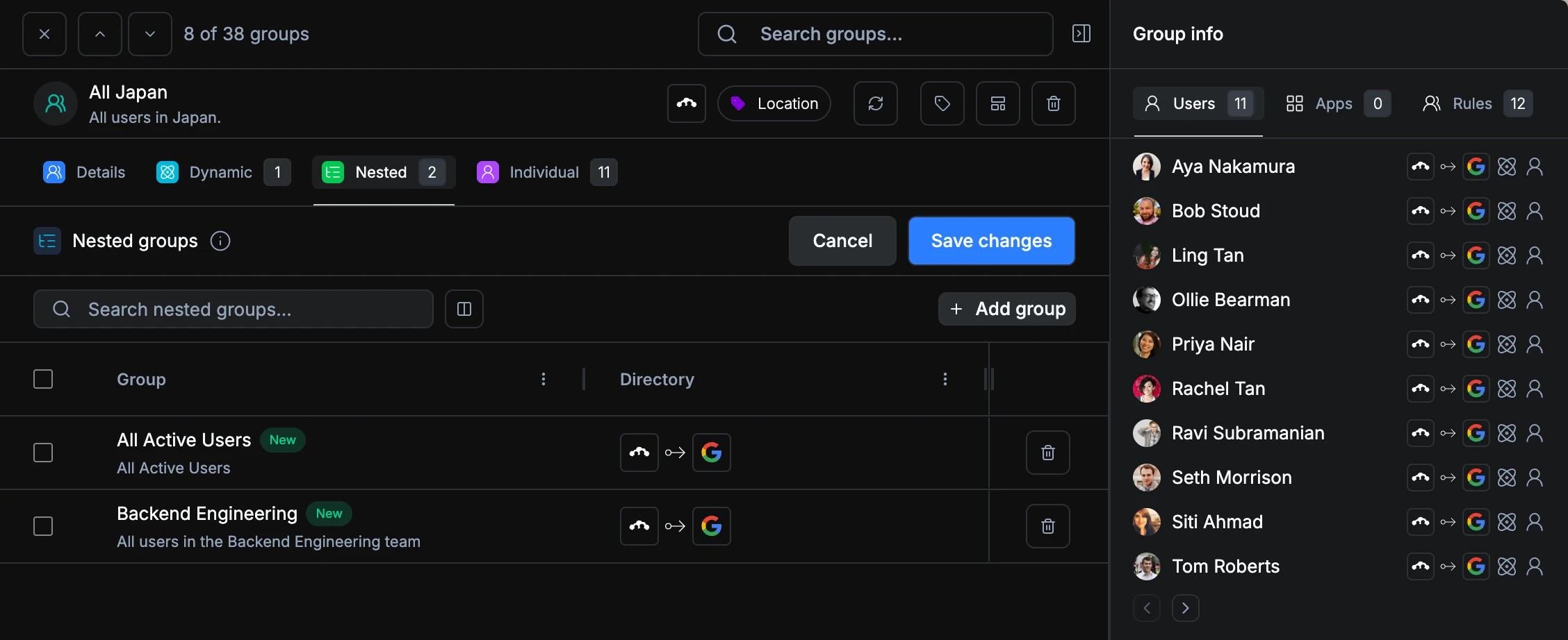 Sortable tables for nested groups