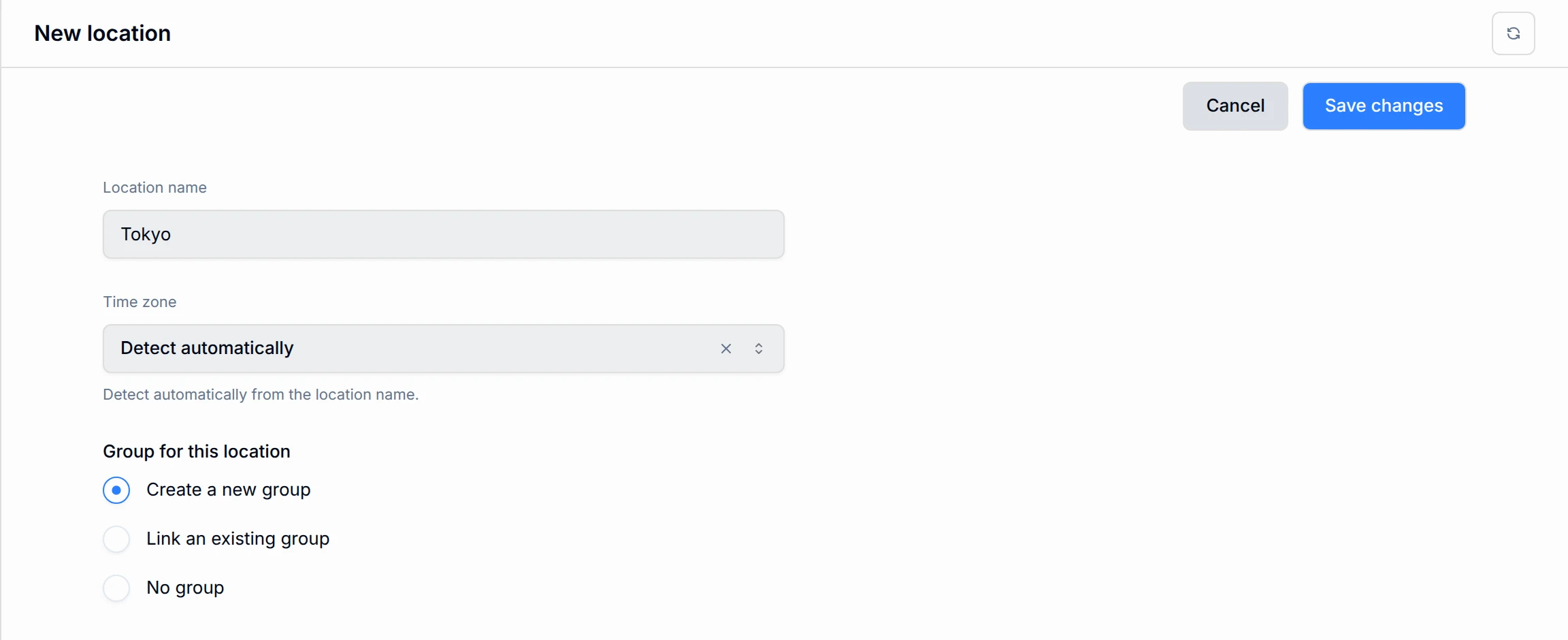 New location form with the time zone set to detect automatically