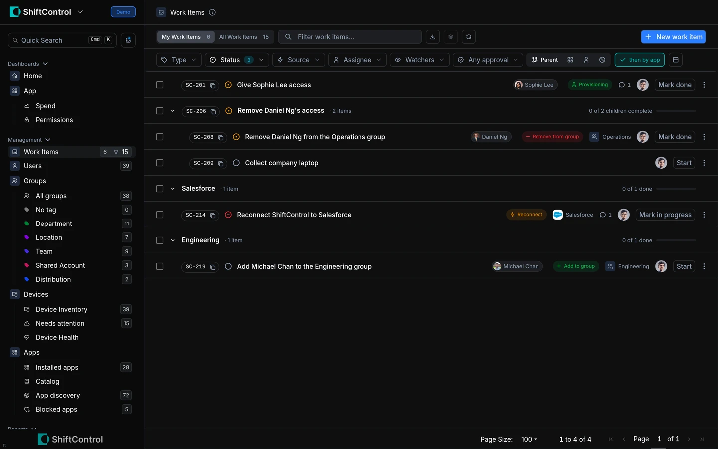 Admin Work Items queue grouped by app
