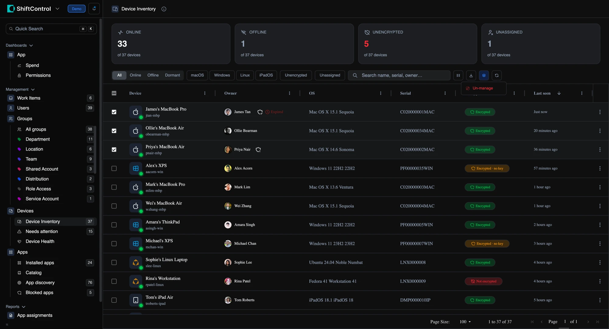 Three devices selected in Device Inventory with the bulk Un-manage action open