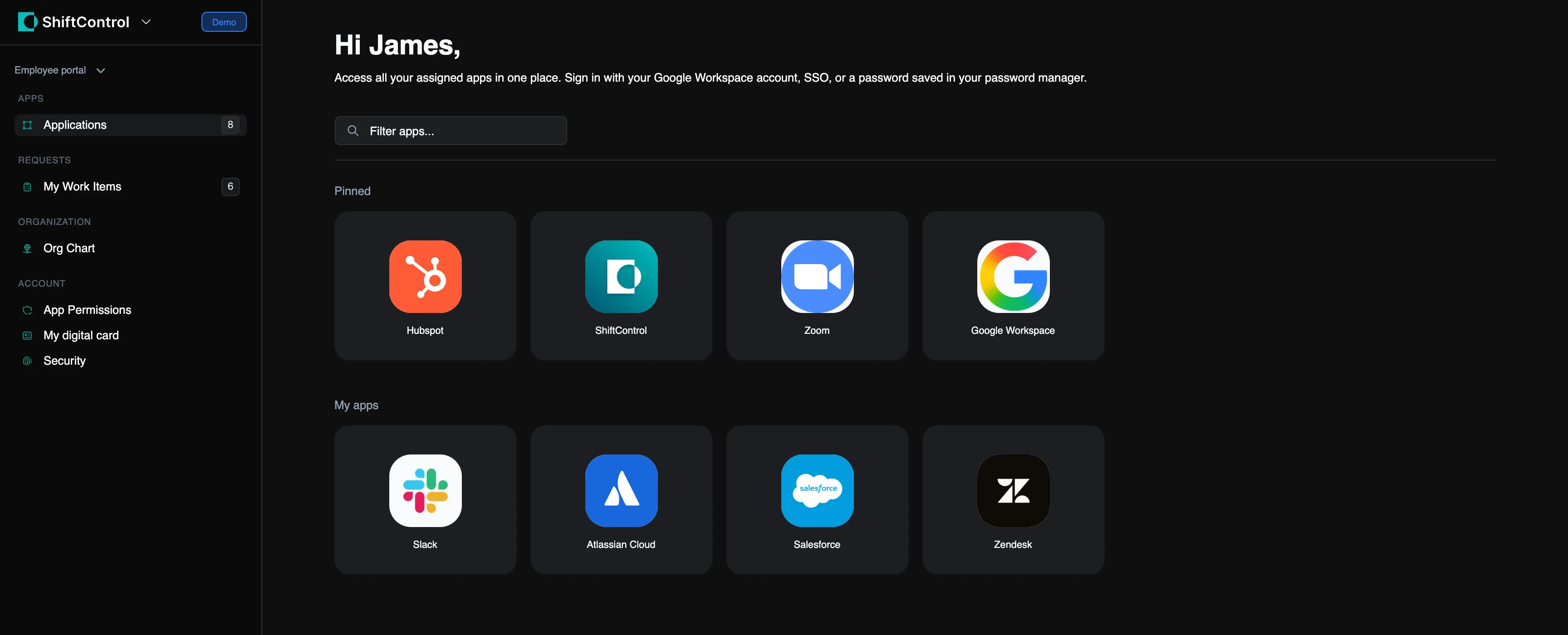 The Employee Portal apps page, with pinned apps in their own section above the rest