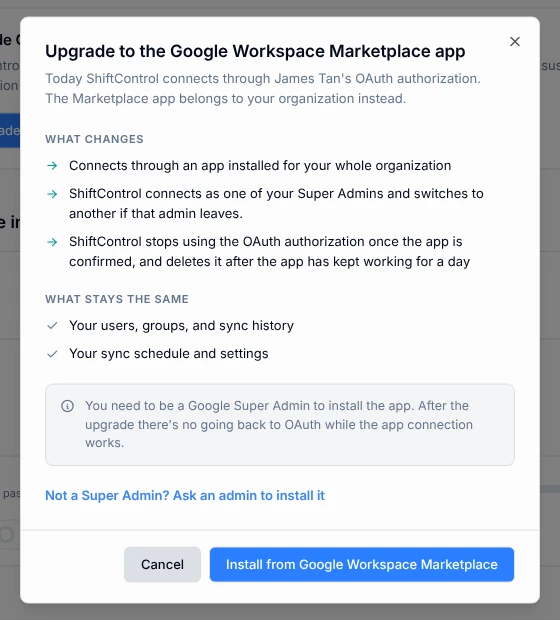 The upgrade window listing what changes and what stays the same