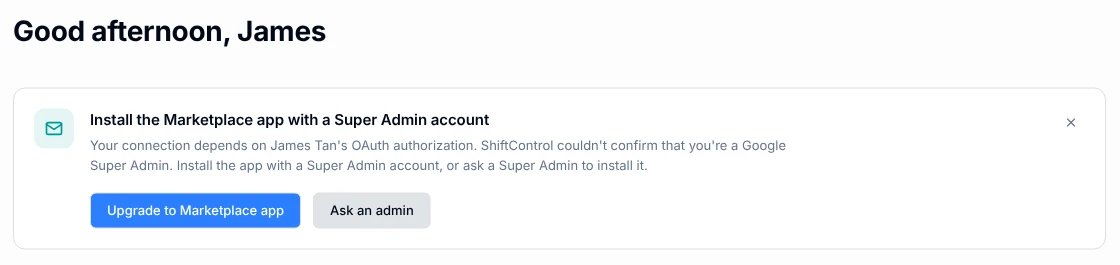 The Home page card offering to install the Marketplace app with a Super Admin account, or to ask an admin