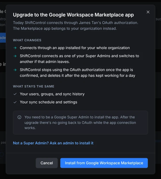 The upgrade window listing what changes and what stays the same