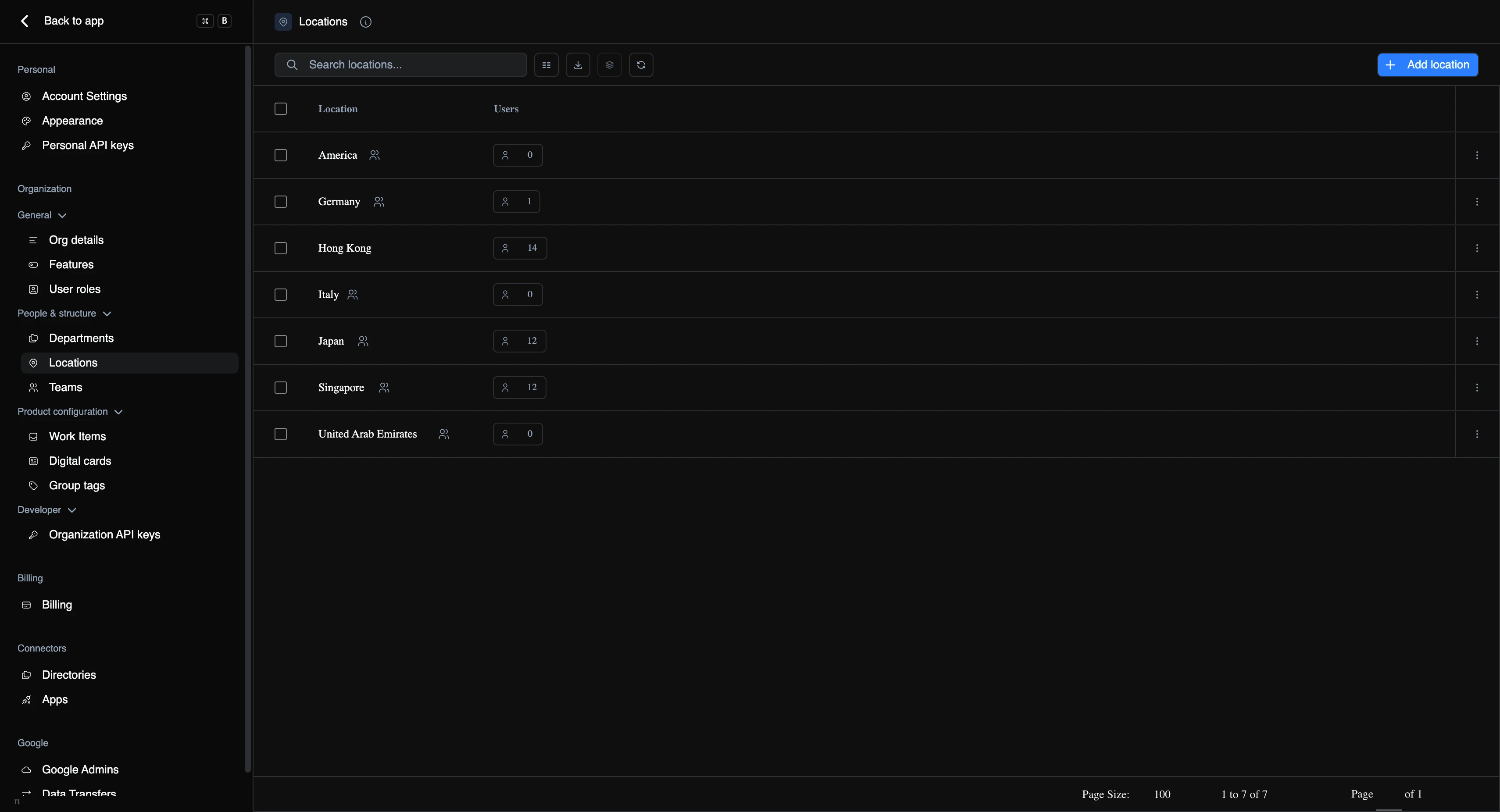 The Locations list, with a linked-group icon beside each location and a live member count