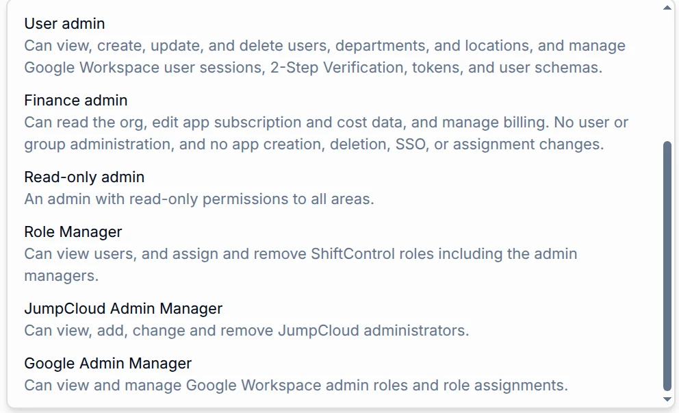 The Assigned roles list with Role Manager, JumpCloud Admin Manager and Google Admin Manager