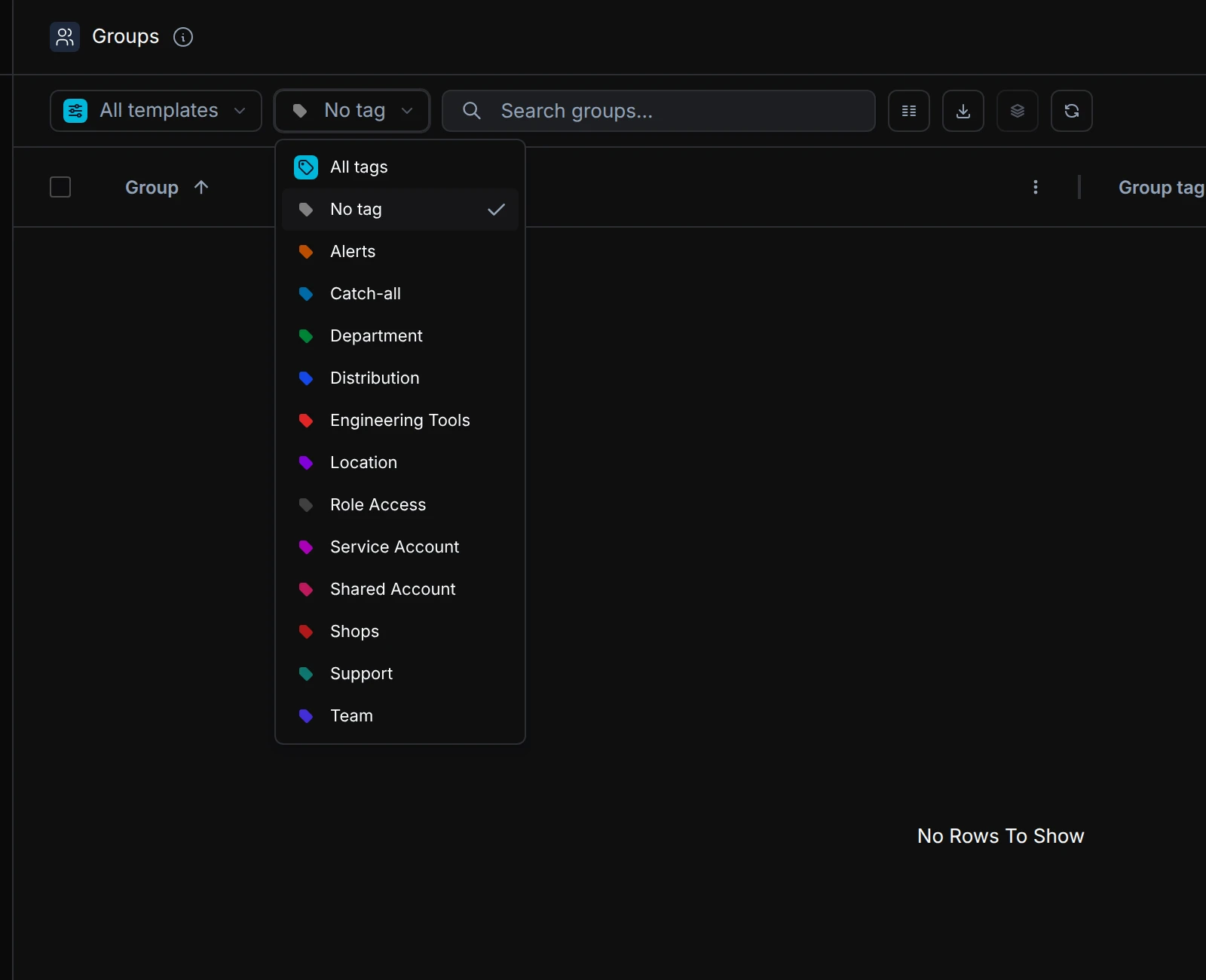 The Groups page filtered to show groups with no tag