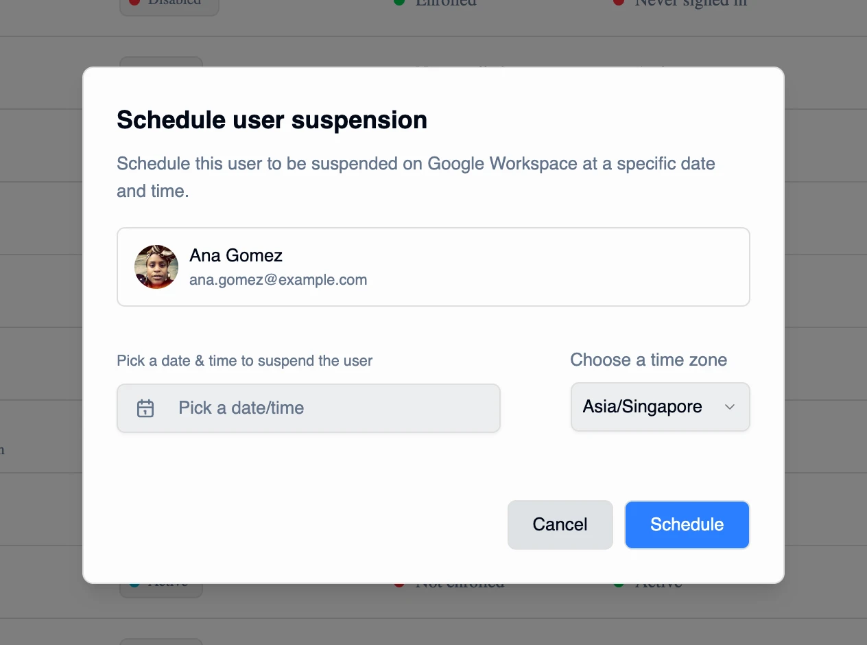 The Schedule user suspension dialog: pick a date and time, choose a time zone, and confirm