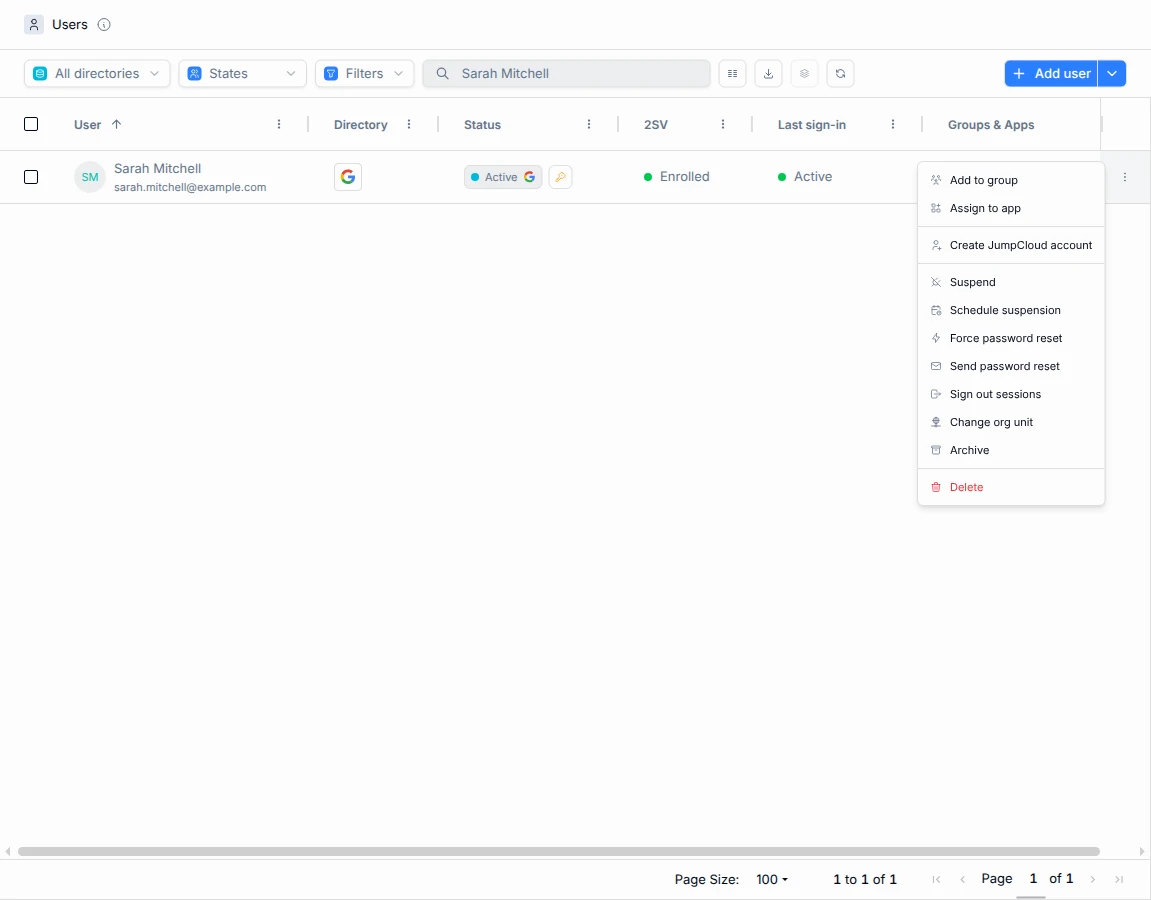 A Google-only user's menu with the Create JumpCloud account option