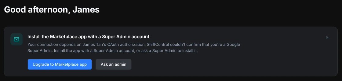 The Home page card offering to install the Marketplace app with a Super Admin account, or to ask an admin