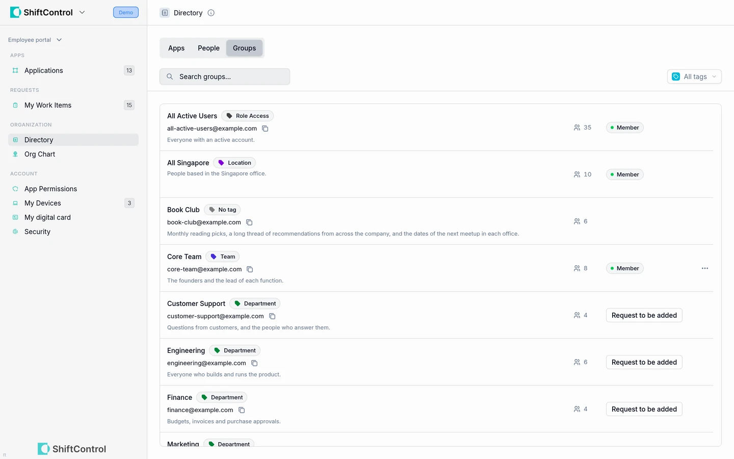 Directory Groups tab with group tags and members