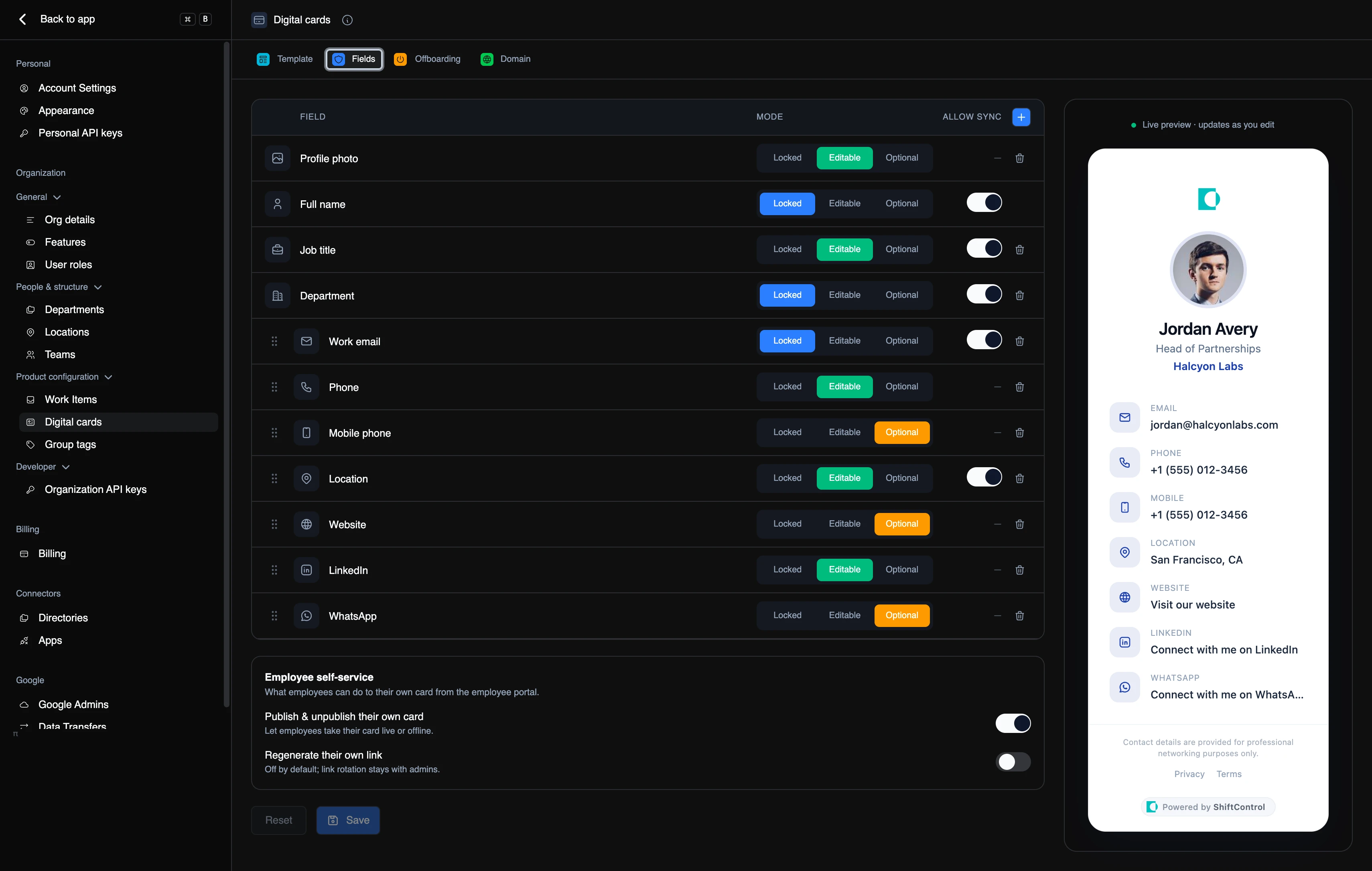 Per-field controls set each field to Locked, Editable or Optional, with a sync toggle and employee self-service settings underneath