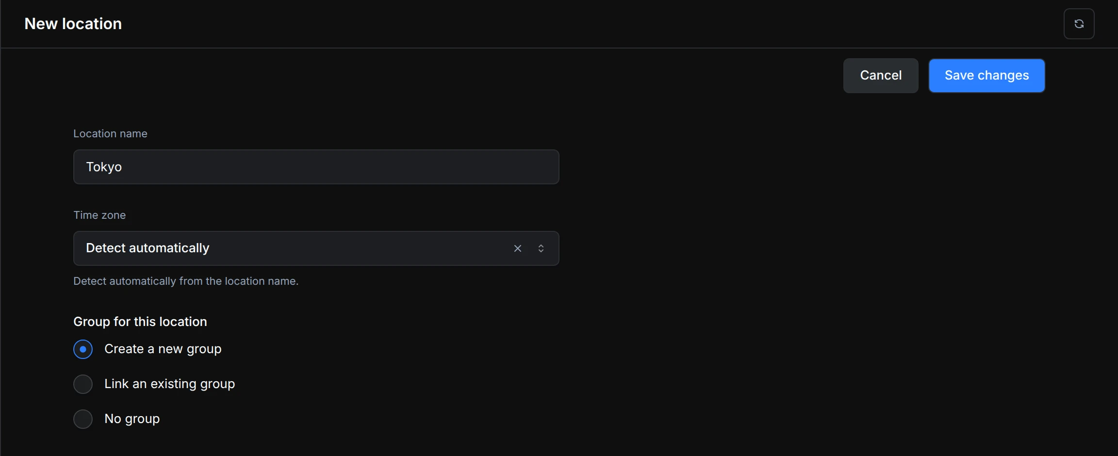 New location form with the time zone set to detect automatically