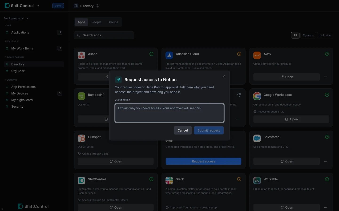 App access request dialog showing the approver and justification field