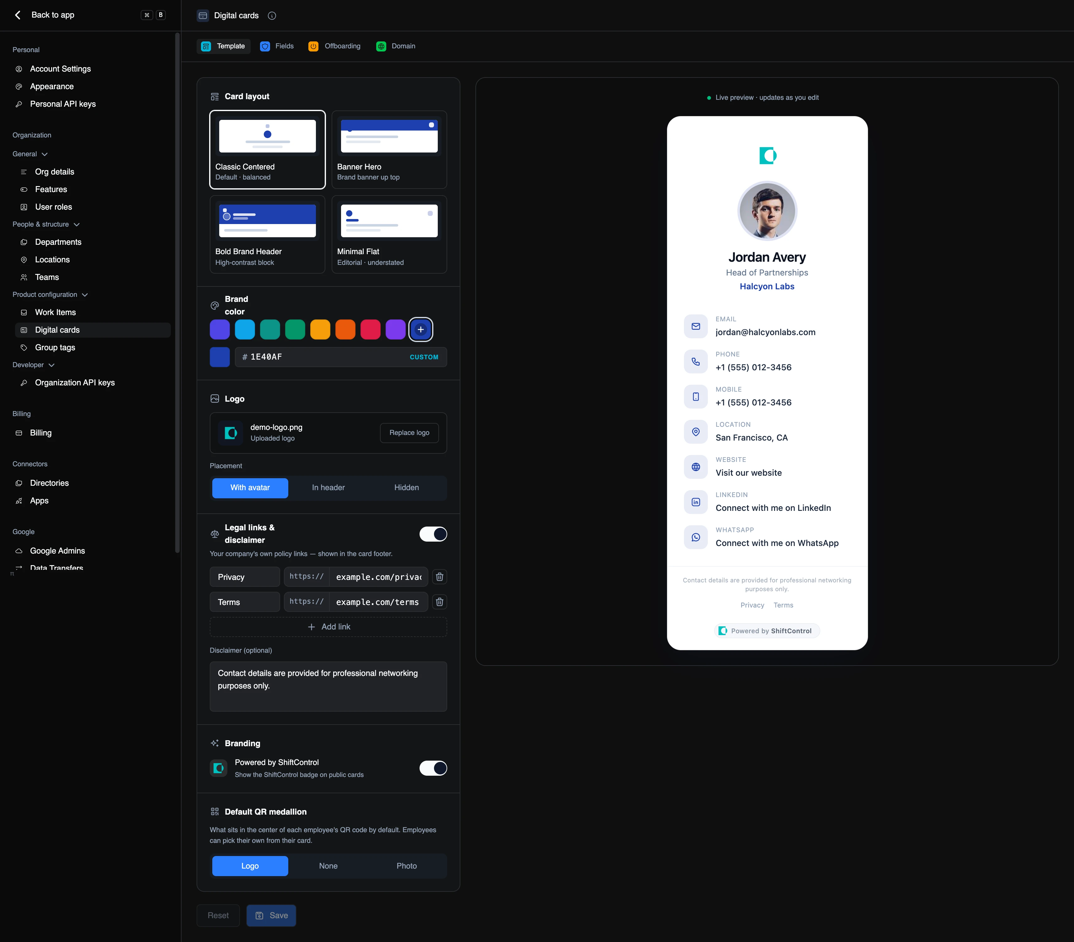 The card designer, with four layouts, brand colour, logo placement and a live preview that updates as you edit