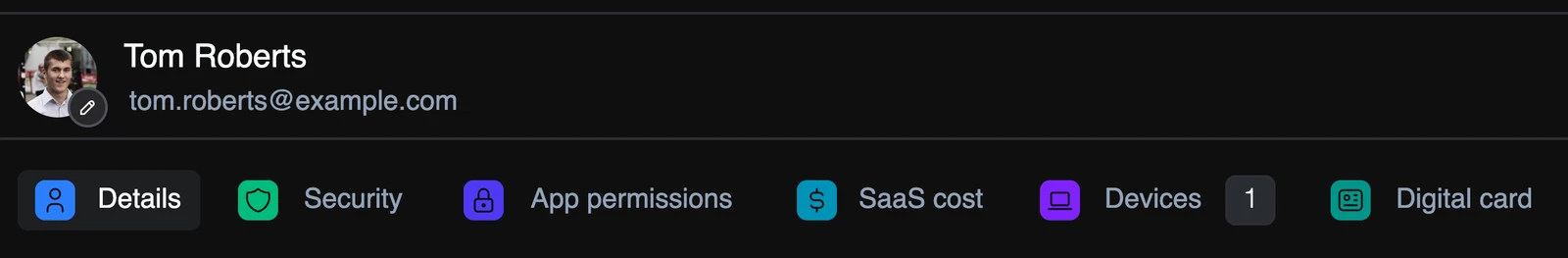 The user detail page, where the avatar now has an edit button for setting a profile photo