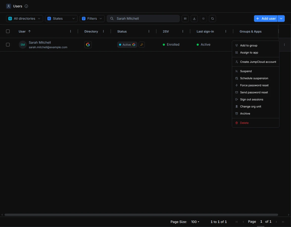 A Google-only user's menu with the Create JumpCloud account option