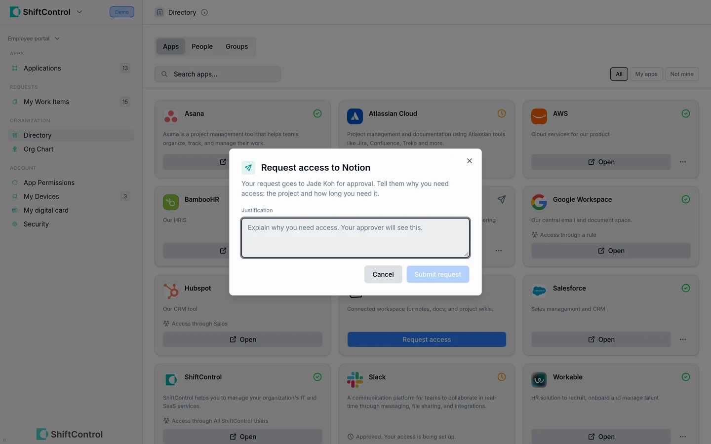 App access request dialog showing the approver and justification field