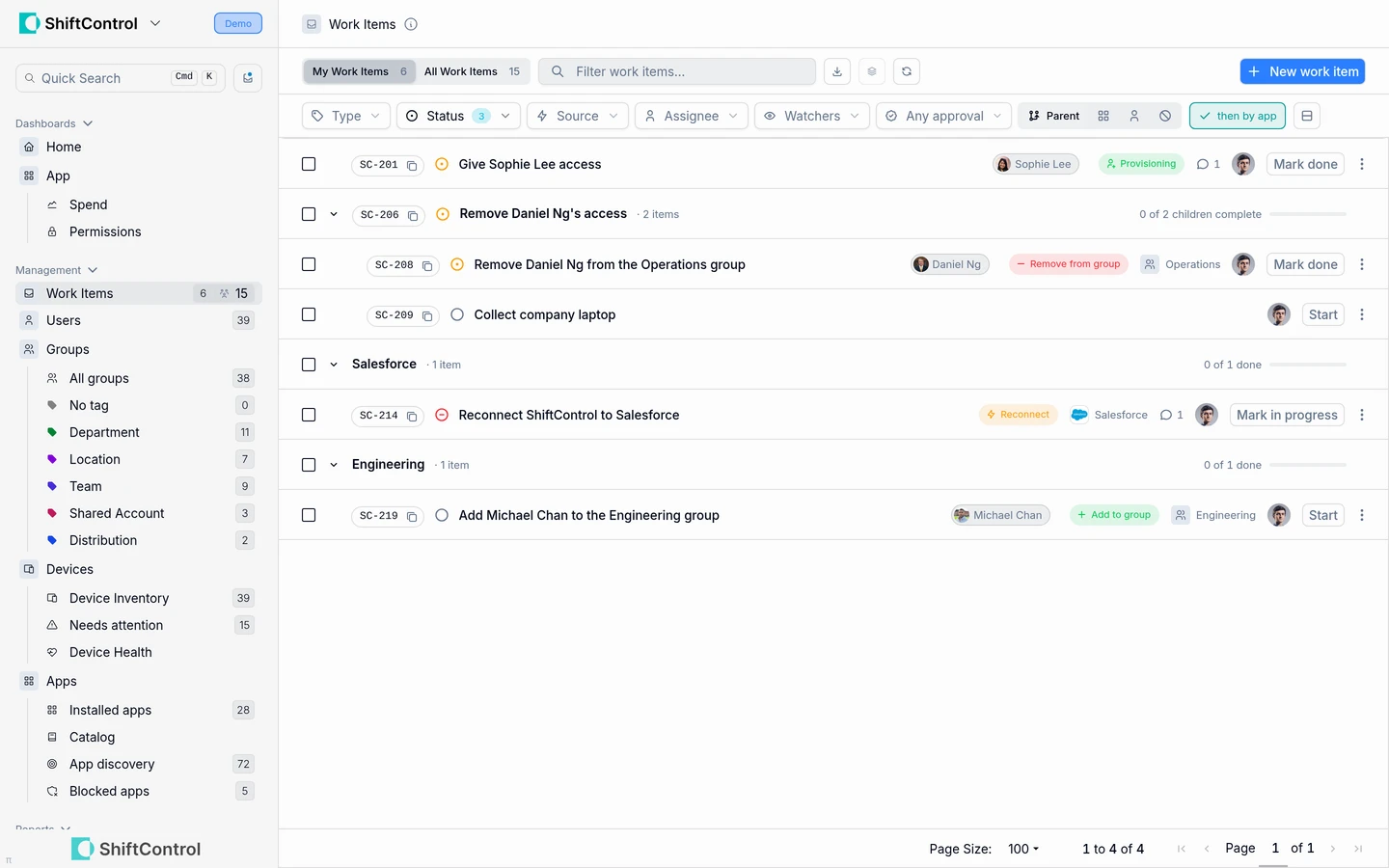 Admin Work Items queue grouped by app